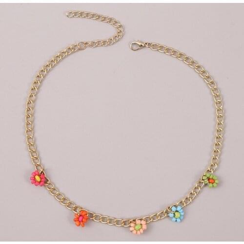 Trendy Female Multicolor Beaded Handmade Flower Pendant Gold Metal Chain Necklace For Women Party Statement Jewelry Gifts