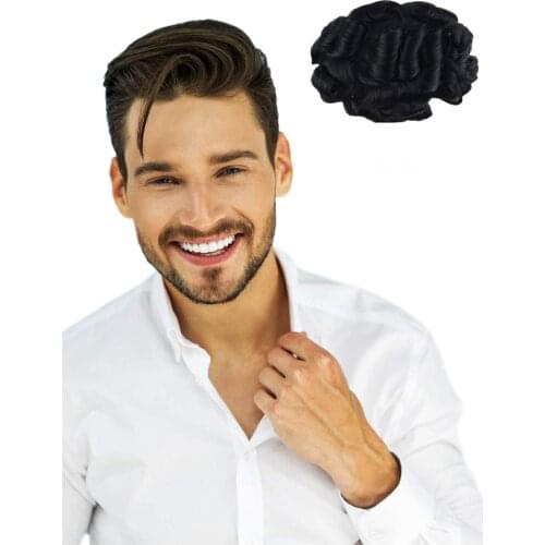 Soft Thin PU Hairpiece Natural Black Color Human Hair System Wave Straight Full PU Men Toupee Indian Remy Breathable PU