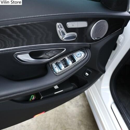 Car Window Glass Lifting Switch Panel Sticker For Mercedes Benz C Class W205 GLC 2014-2020 Carbon Fiber Styling Decorative Trim