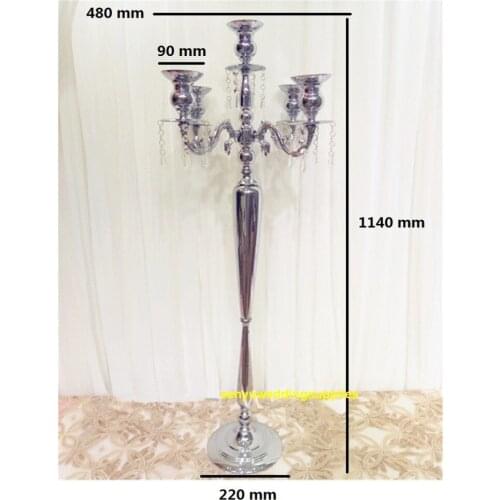 Wholesale Tall floor standing 5 arms silver metal candelabra with hanging crystals for wedding decoration centerpiece senyu2139