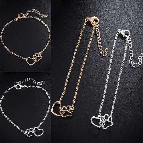 Hollow Pet Paw Footprint Love Heart Bracelets Cute Animal Cat Dog Charm Chain Bangle Jewelry For Women Girls Memorial Gifts Hot