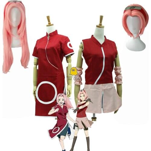 Anime 1st 2nd Generation Haruno Sakura Cosplay Costume Dress Skirt Pink Wig Head Band Halloween Christmas Party Girls