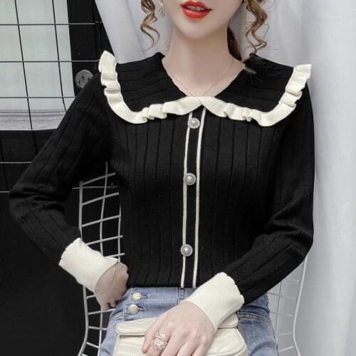Autumn Winter Peter Pan Collar Pull Femme Pearl Button Pullover Sweater Women Long Sleeve Top Knit Slim Color Contrast Sweaters