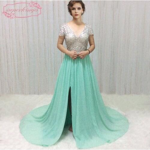 SuperKimJo Beaded Prom Dresses Formal Gowns Mint Green Chiffon A-Line V Neck Prom Gowns with Sleeves Vestido De Festa