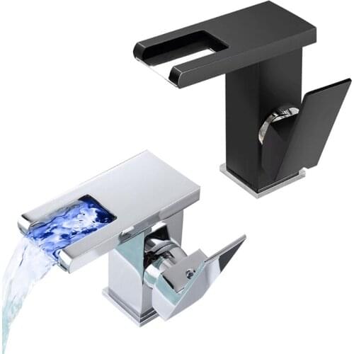 LED Waterfall Bathroom Basin Faucet Single Handle Cold Hot Water Mixer Sink Tap RGB Color Change Powered by Water Flow