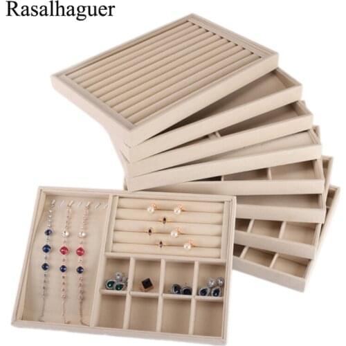 High Quality Beige Jewellery Storage Box Watch Holder Necklaces Rings Earrings Pendants Women Stand Series Velvet Jewelry Tray