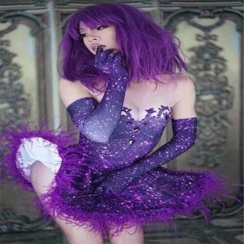 X36 Purple Crystals feather sexy bodysuit Sleeveless dance dress party wears outfits club show clothe ballroom stage dj costumes