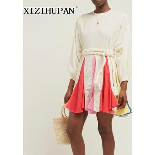 XIZIHUPAN Summer Hit Color Patchwork Women Dress O Neck Long Puff Sleeve Bandage Slim Bohemian A Line Female Dresses 2021
