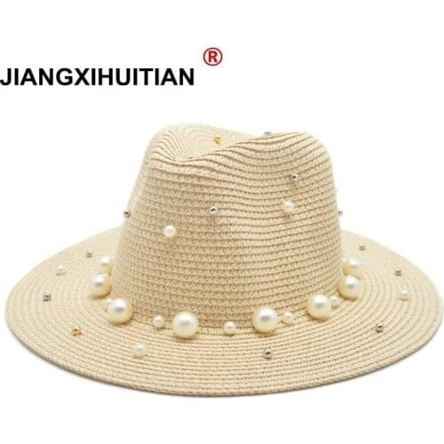 Hot Summer British pearl beading flat brimmed straw hat Shading sun hat Lady fashion beach hat Jazz hat 55-58cm