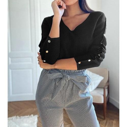 Hot Women Elegant Blouse Shirts Office Lady New Autumn Long Sleeve Slim Blouses Casual V-neck Tops Ribbed Women Shirt Streetwear