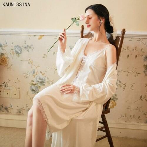 Ladies Cotton Sleepwear Autumn Robe Nightgown Sets Long Sleeve Bathrobes V-Neck Lingerie Nightdress Sexy Princess Nightwear Sets