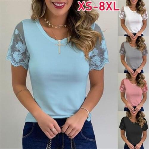 Sexy Lace Patchwork Women T Shirt Summer 2021 Female Short Sleeve Slim White Black Tee Tops 5XL Plus Size Casual T Shirt Clothes