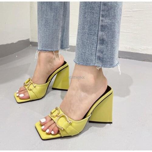 Sandals Women 2021 New Design Square-toe Womens Slippers Patent Leather Metal Buckle Thick Heel Sandals and Slippers Sandalias