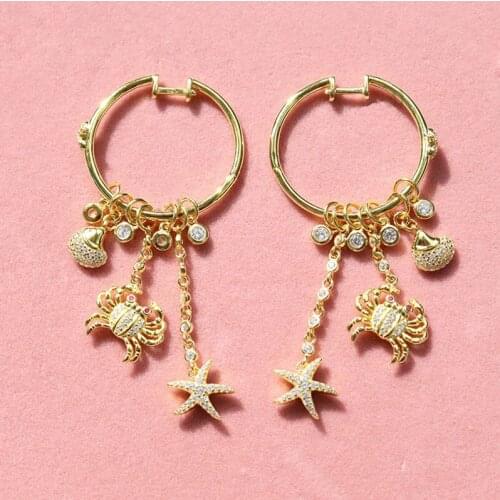 SLJELY Luxury 925 Sterling Silver Gold Color Sea Creatures Crab Starfish Shell Earrings Inlay Cubic Zirconia Stones for Women