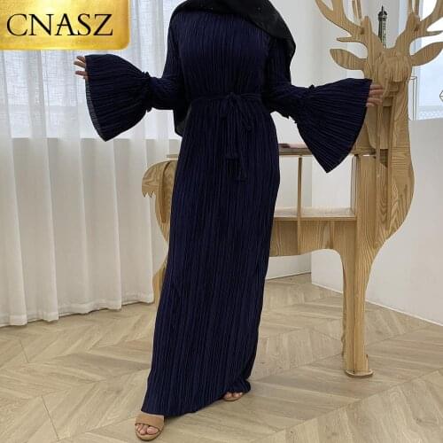 2020 Fashion Muslim Abaya Pleated Robe Maxi Dress Cardigan Long Sleeve Gowns Islamic Prayer Clothing Dubai Middle East Ladies