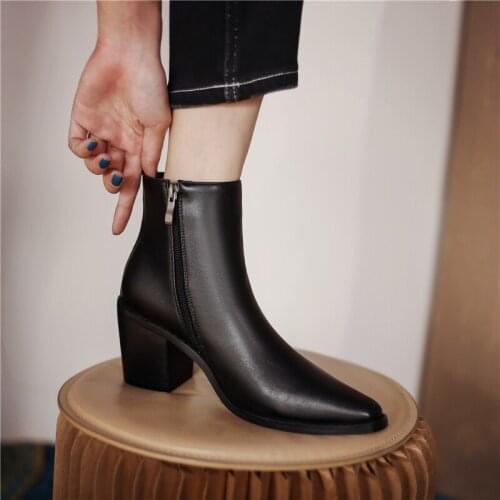 2021 Autumn Women Boots Pu Leather Wedge High Heel Ankle Boots Pointed Toe Winter Cowboy Boots Fashion Western Boots Black 33-45