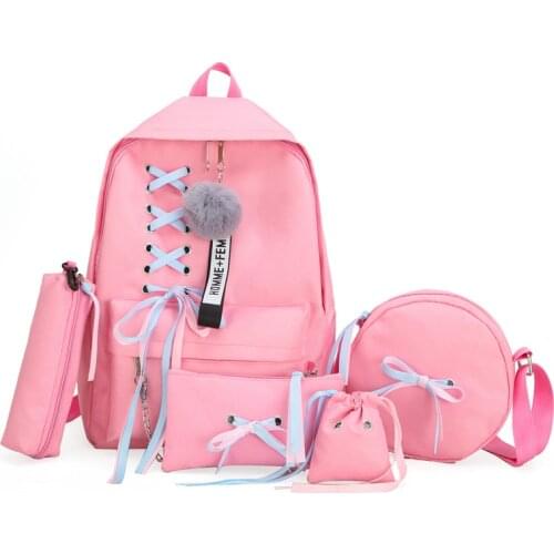Teenager Girls Canvas Backpack 5 Pcs/Set Women School Double Shoulder Bags Personality Chain Harajuku Bow Bag Tassel
