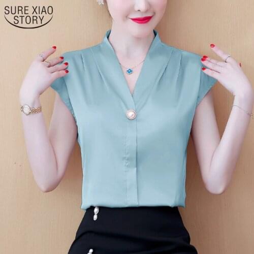 Satin Loose V-neck Sleeveless Top Female 2021 Summer New Korean Silk Shirt Women Short Sleeve Chiffon Blouse Solid Colors 9790