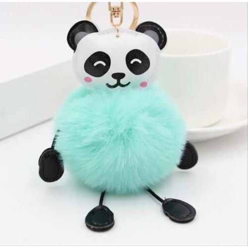 Cute panda fake Rabbit Fur Soft Ball Pompom Keychain For Women Bag Cars Pom Pom Fluffy Key Chains Keyring Pendant Porte Clef