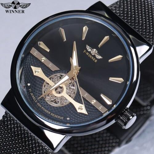 WINNER Retro Fashion Black Skeleton Sport Clock Mechanical Watch Luminous Hands Mesh Bracelet For Men Top Brand Luxury Watch