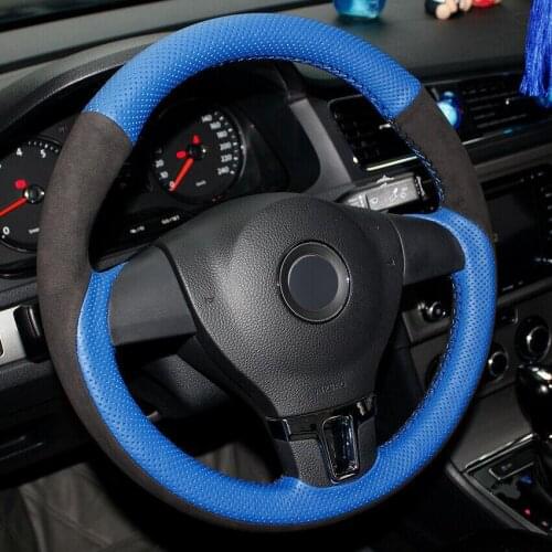For VW Tiguan Lavida Blue Natural Leather Black Suede Car Steering Wheel Cover Anti-slip fit all season