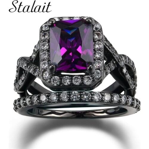 Black Silver Plated Rings Sets White Purple Color Square Zircon Trendy New Fashion Jewelry Gift Princess Engagement Rings
