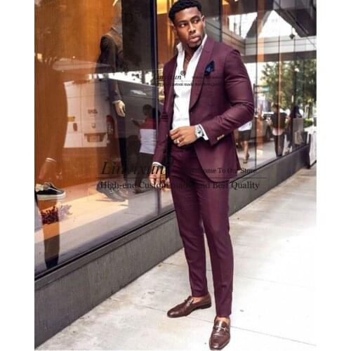 Burgundy Men Suits Shawl Lapel One Button Prom Suits Slim Fit Blazer Jacket Men 2 Piece (Jacket+Pant) Costume Homme