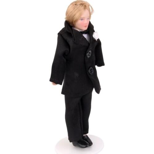 1/12th Dollhouse Porcelain Doll Young Man Groom in Black Suit with Stand