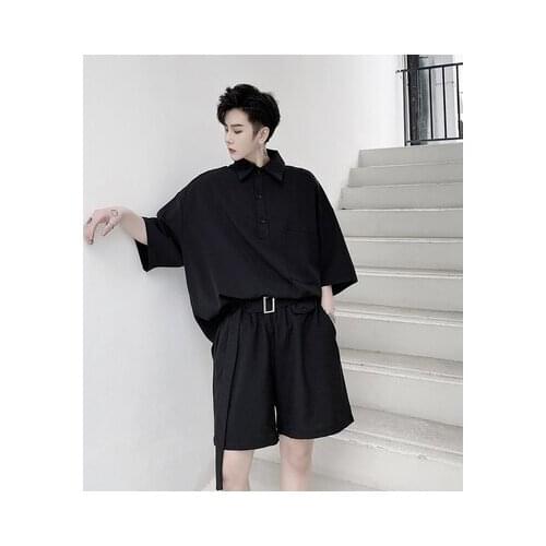 Summer oversize wide-sleeved short-sleeved pullover shirt suit hipster minimalist shirt shorts two-piece suit