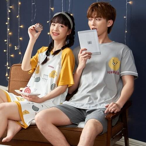 Summer Pajamas For Couple Fashion Gray O-neck Cotton Short Sleeve Men Sleepwear Yellow Patchwork Kawaii Cartoon Maiden Homewear