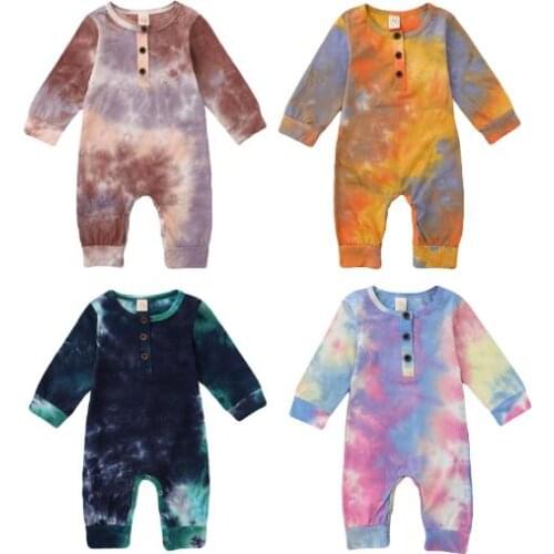 2020 New Baby Boy Girl Button Rompers Long Sleeve Tie Dye Print One Piece Jumpsuit Fall Warm Rompers Baby Clothes