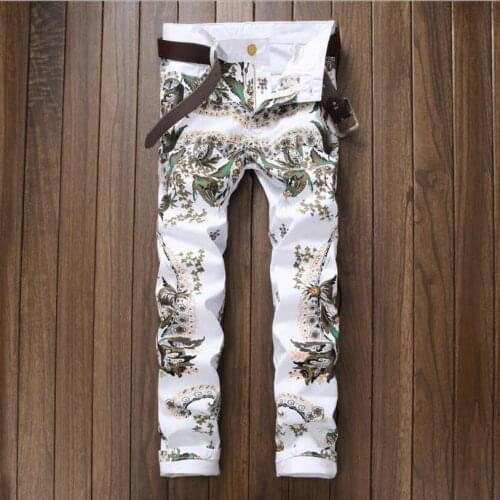 New Mens White Denim Jeans New Fashion Hip-hop Style Skinny Flower Jeans High Quality Men Elastic Slim Long Casual Jeans