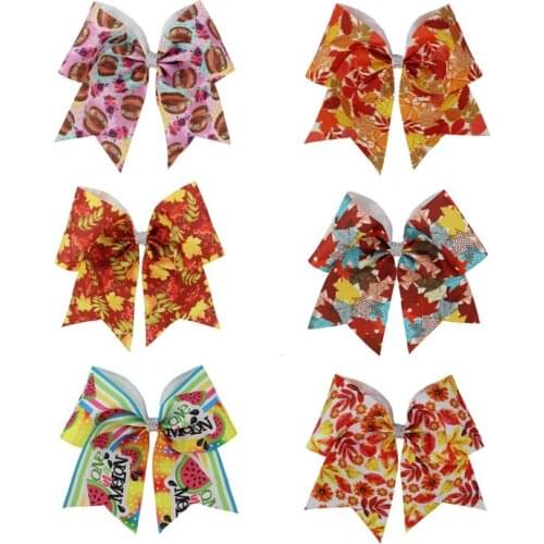 NEW Autumn Maple Leaf Cheer Bow 7INCH Bowknot Elastic Hair Band Rhinestone Holder For Girls Hair Accessories OEM & ODM