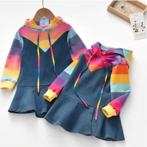 Girl Long Sleeve Autumn Rainbow Stripe Hoodie Kid Children Party Suits Denim Hoodie Kids Dress denim dresses