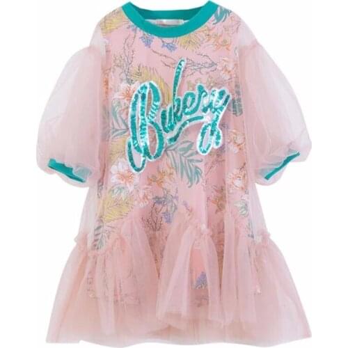 3-16 years old girls' childrens clothing letter flower printing net yarn fluffy sleeve dress baby childrens summer clothes