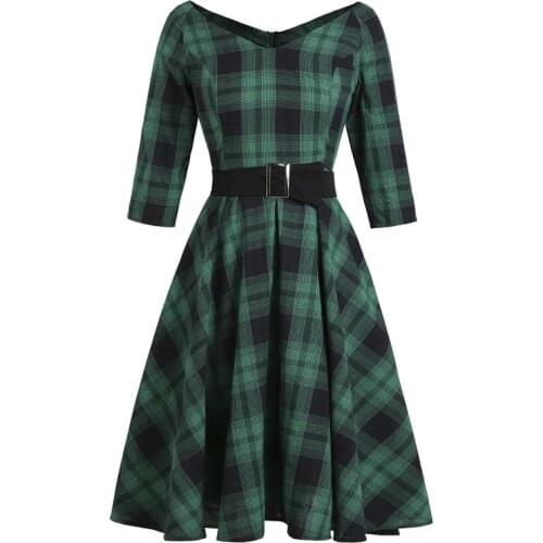 Women Vintage 50s Swing Dress Half Sleeve Deep V-neck Tartan Plaid Knee Length Dress With Belt