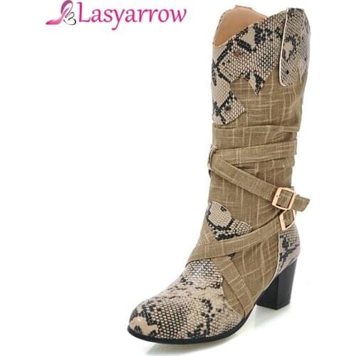 Lasyarrow Patchword Boots Female Autumn Winter Fashion Mid Calf Boots For Women High Heels Retro Shoes Woman Knight Riding Boots