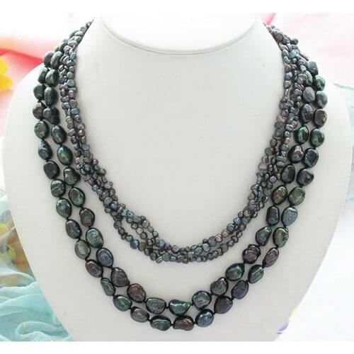 Unique Pearls jewellery Store 5row 21'' 11mm Black Baroque Freshwater Cultured Pearl Necklace Fine Jewelry Women Gift