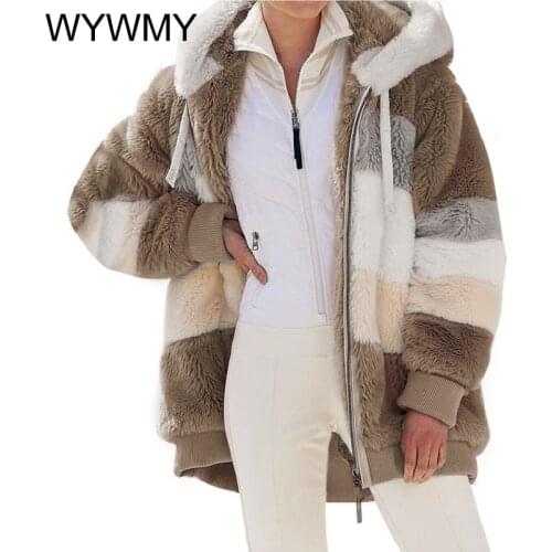 WYWMY Winter Hooded Jacket Women Coat Fashion Loose Plush Warm Casual Multicolor Splicing Zipper Coats and Jackets Women Outwear