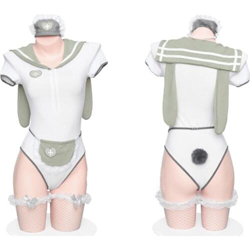 Japanese School Uniform For Girls Rabbit Ears Sailor Collar Bodysuit Anime Cosplay Sweet Lolita Maid Uniform Jumpsuit with Tail