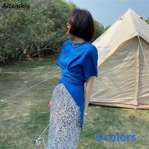 T-shirts Women Split Design Summer Solid Ulzzang Streetwear Elegant 3 Colors High Quality Female Fashion Leisure Simple Ins New