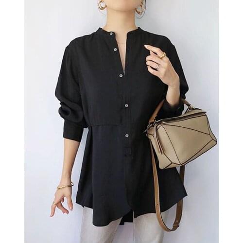 Women Casual Blouse V-neck Button Slim Black Fashion Solid Color Shirt Slim Irregular Autumn Spring Loose Elegant Female Tops