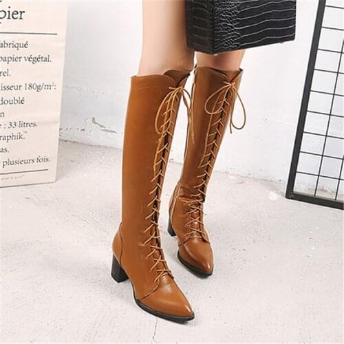 PXELENA Lace Up Riding Knee High Boots Women Square High Heels Military Motorcycle Long Boots Ladies Shoes 2018 Winter New 34-43