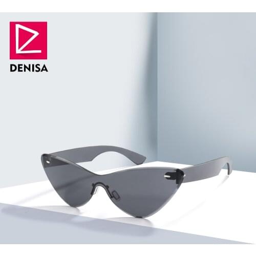 DENISA New Cool Rimless Sunglasses Cat Eye Trendy Vintage One Piece Lens Glasses Girls Shades For Women UV400 Oculos Gafas G8003