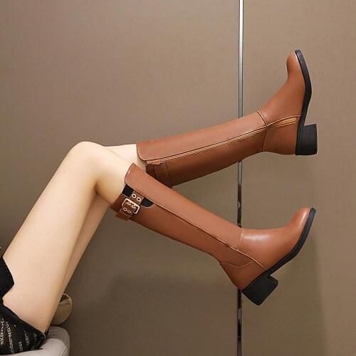 Women Knee High Boots Winter Platform Boots Square Heels Buckle Round Toe Long Boots Female Shoes Botines Mujer Size 34 40 42 43