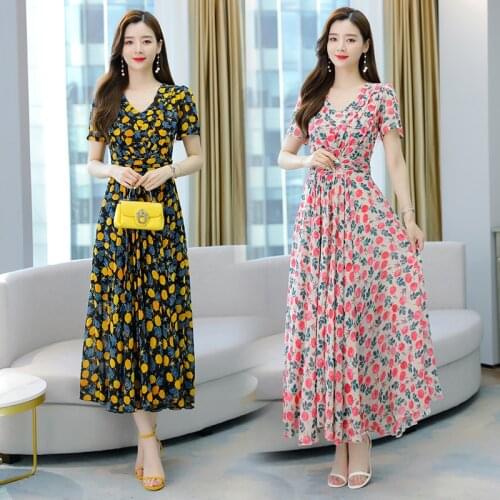 Women Long Floral Chiffon Dress Summer 2021 Boho Retro Fairy Elegant Casual Party Night Beach Vacation Runway Vestidos Korean
