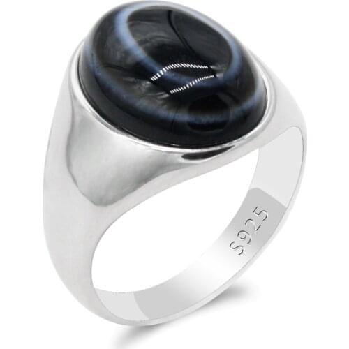 925 Sterling Silver Men And Women Ring with Natural Agate Stone Gods Eye Turkey Ring Simple Jewelry for Husband Wife Party Gift