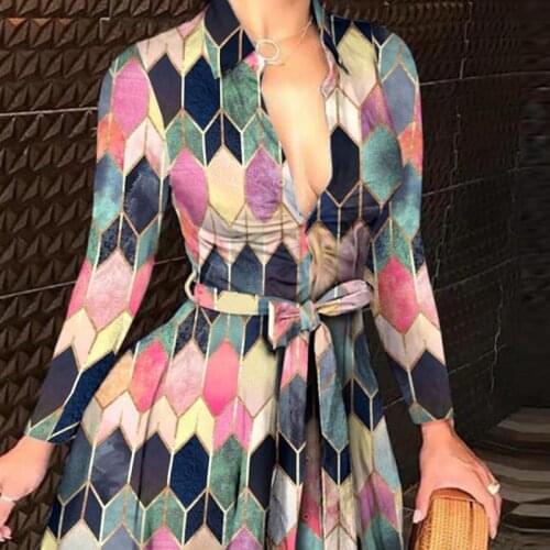 2021 Sexy OL Deep V-neck Long Sleeve Dress Print High Waist Button Up Shirt Dress Casual Loose Short Mini Dress For Women Robe