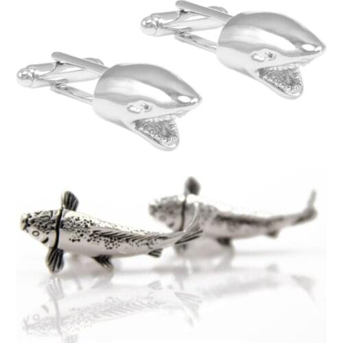 10pairs/lot Swimming Fish Cufflinks 3D Shark Head Cuff Links Copper Plating Mens Jewelry Wholesale