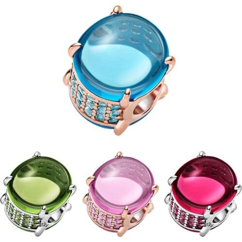 2021 New 925 Sterling Silver Beads Blue Green Pink Rose Oval Cabochon Charms Fit Original fashion Bracelet Women Jewelry Gift